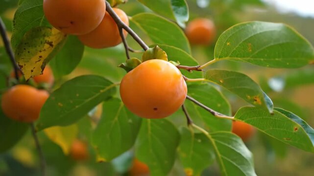 Ripe orange persimmon fruits hanging on a tree branch in an autumn orchard. Close up of kaki fruit harvest season with vibrant green leaves for healthy eating and agriculture concepts
