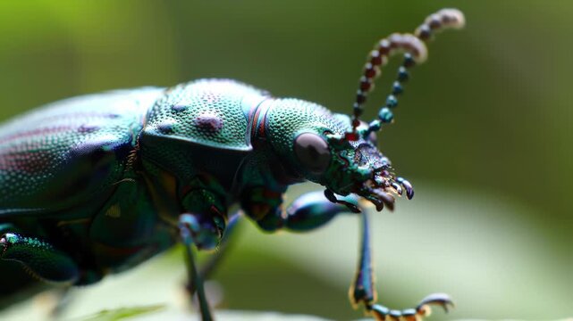 Macro shot of a beautiful metallic green beetle insect showing intricate details.