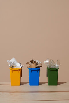 Color coded recycling bins for glass plastic aluminum paper and cardboard