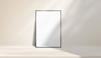 Realistic blank plastic frame photo mockup with natural shadow overlay on background. Clean modern presentation template ideal for artwork display, gallery posters, branding visuals and print previews