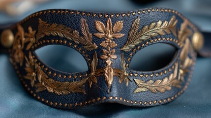 The black masquerade mask, poised on sumptuous dark silk, shares space with a sleek black leather mask featuring intricate stitching, both draped on satin and radiating mystery and allure