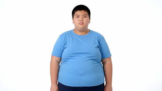 Overweight young asian boy in a blue shirt showing a sequence of facial expressions. A character set for concepts of childhood obesity health and emotional reactions