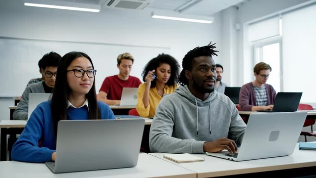 Multicultural group of college students working on laptops during a computer science class. Focused asian woman and african american man typing at their desks in a university lecture hall