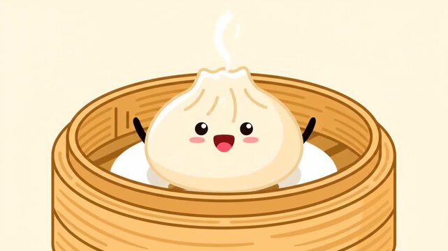 Cute kawaii baozi character animation sequence in a bamboo steamer basket. Adorable asian food mascot with happy emotions for a chinese dim sum restaurant menu