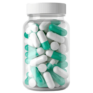 Glass bottle for white and green medicinal pills isolated on transparent background