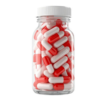 Glass bottle for white and red medicinal pills isolated on transparent background