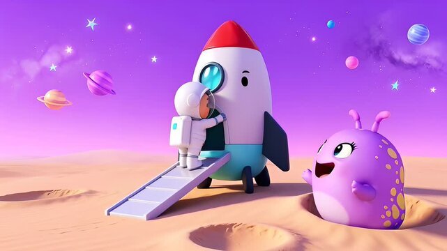 Cute Astronaut Boarding Rocket with Purple Alien Friend