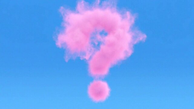 A pink cloud in the shape of a question mark evokes curiosity and imagination in a clear blue sky.