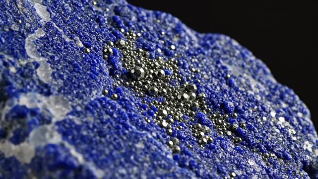 Magnified Lapis With Pyrite Details. Surface Of Blue Lapis Reveals Pyrite Crystals And Patterns. Close Examination Of Cobalt Blue Lapis Showing Crystalline Structures And Mineral Veining