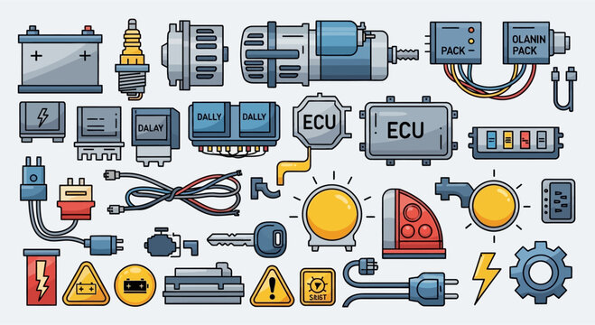 Collection of various car electrical and mechanical components, parts, and warning signs in a cartoon style illustration.