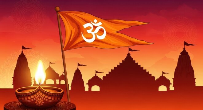 Saffron flag with om symbol flying over a hindu temple silhouette with a lit diya at sunset