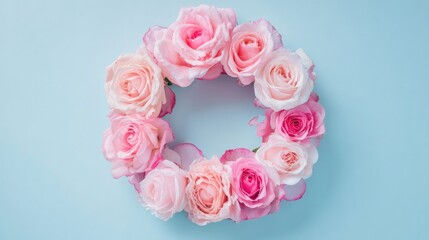 Fototapeta premium lay. Circular arrangement of vibrant roses against a blue background, top-down view. gardening catalogs, home-decor guides, designed for gardening and botanical catalogs, used by data analysts.
