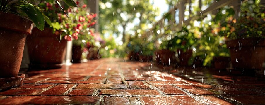 Rain falls on a brick path lined with potted plants on a porch
