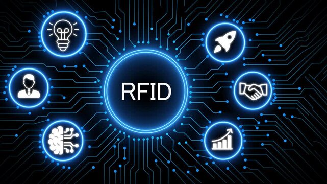 Glowing neon digital circuit board with icons representing RFID and operational business elements.  success strategy digital innovation.