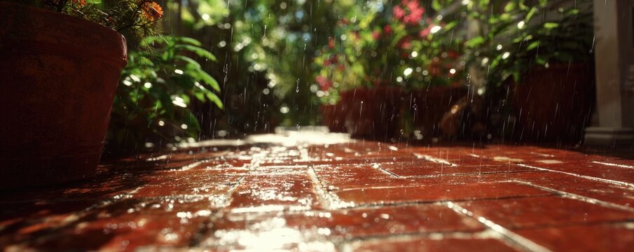 A gentle rain falls on a brick pathway lined with potted plants and flowers