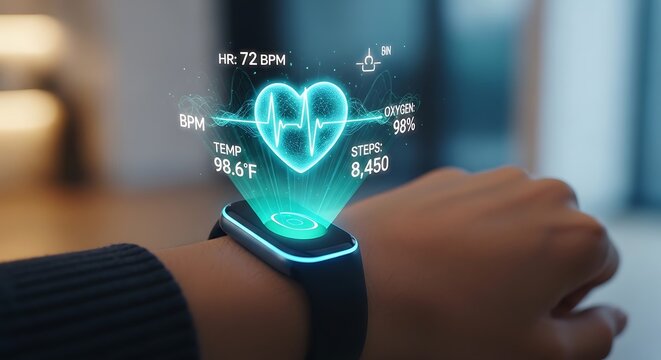A close-up view of a smartwatch displaying a health and fitness tracking interface.