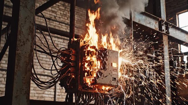 Industrial electrical fire sparks smoke.