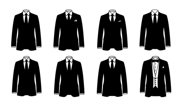 Formal business suits collection with classic tuxedo and office attire vector illustration set isolated on white background