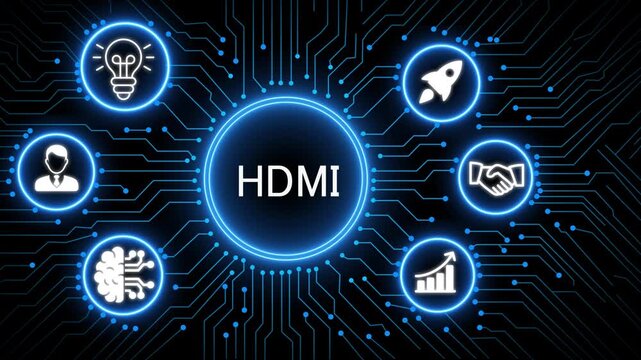 A glowing neon HDMI  concept surrounded by smaller icons for ai and manufacturing process management all connected in a digital circuit like pattern, manufacturing planning,4k	
