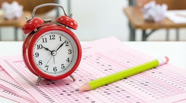  Red alarm clock and green pencil on a pink optical mark recognition answer sheet for standardized testing in a classroom setting