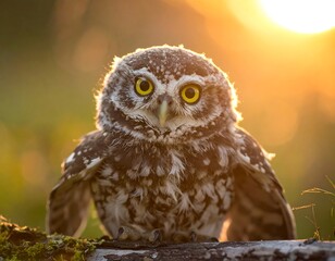 Obraz premium A small owl with big yellow eyes perches on a mossy log