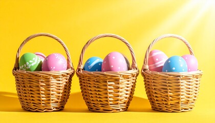 Three wicker baskets with colorful decorated Easter eggs against yellow background symbolizing festivity joy and seasonal tradition