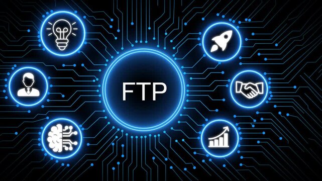 A glowing neon FTP concept surrounded by smaller icons for ai and manufacturing process management all connected in a digital circuit like pattern, manufacturing planning,4k	
