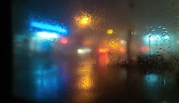 Blurred colorful lights reflected on a wet window at night