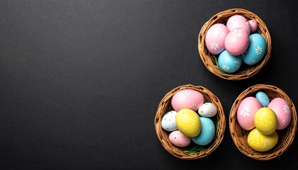 Three wicker baskets with pastel Easter eggs and spring flowers symbolizing celebration renewal and seasonal festivity