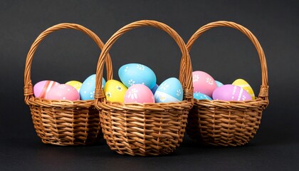 Three wicker baskets with pastel Easter eggs and spring flowers symbolizing celebration renewal and seasonal festivity