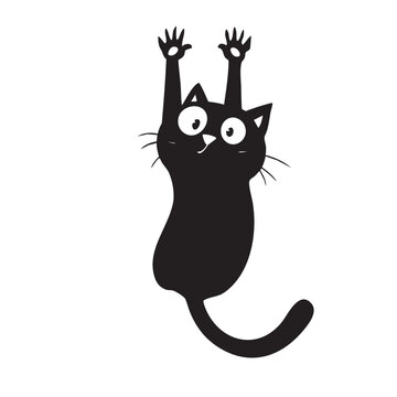 Funny cartoon cat vector illustration with wide eyes, raised paws, elongated body, and playful hanging climbing pose