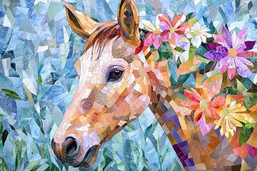 Obraz premium Beautiful horse portrait illustrated in a decorative mosaic collage style with colorful wildflowers and botanical elements. The artwork combines textured mosaic tiles and soft watercolor textures