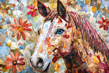 Obraz premium Beautiful horse portrait illustrated in a decorative mosaic collage style with colorful wildflowers and botanical elements. The artwork combines textured mosaic tiles and soft watercolor textures