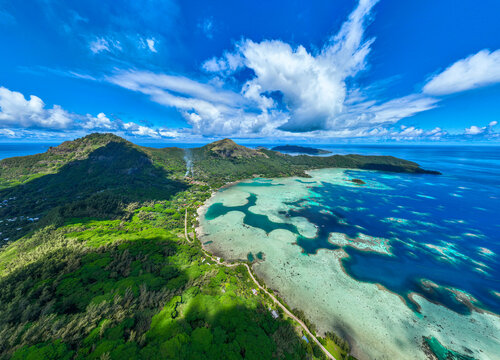 Aerial view of Mangareva island and lagoon in Gambier archipelago French Polynesia