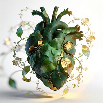 botanical green heart made of leaves and golden veins symbol of life growth and nature energy
