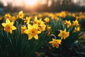 Obraz premium Golden spring daffodils bathed in warm, ethereal sunlight