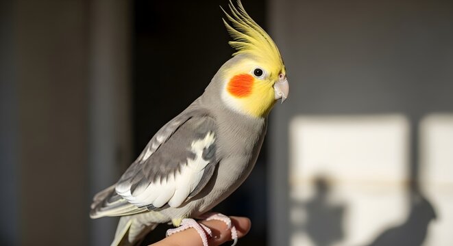 Beautiful Cockatiel Parrot Perched Gently on Human Finger