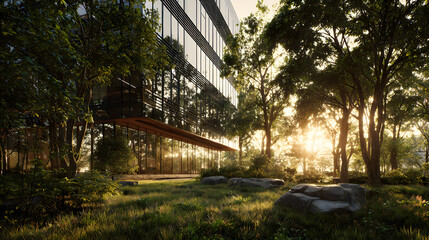 Obraz premium The sustainable glass office building with trees displays corporate environmental responsibility and eco-friendly architecture. The modern eco-office reduces carbon dioxide. The office has a green env