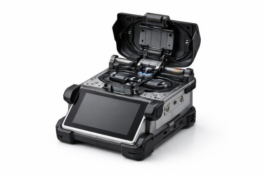 fiber optic fusion splicer with open alignment chamber and precise engineering components isolated on white professional product photography