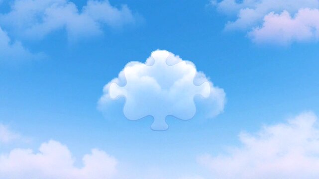Animated cloud transforms into a puzzle piece in a bright blue sky, symbolizing imagination and creativity.