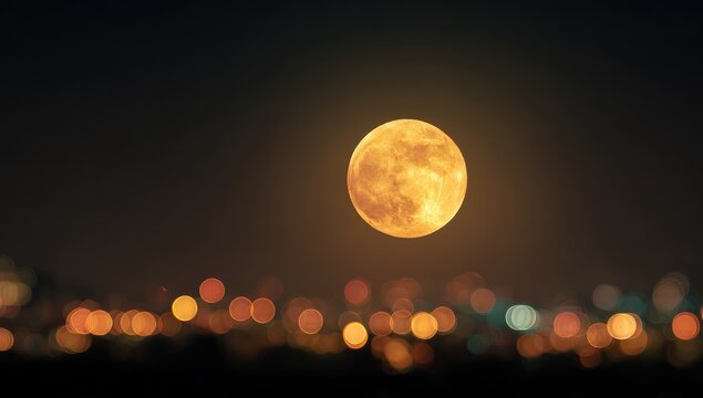 Glowing full moon illuminates a city skyline at night with bokeh lights