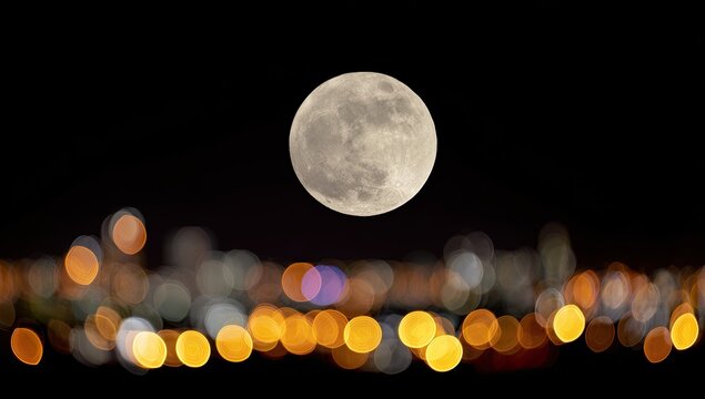 Full moon hangs over a softly blurred city skyline at night