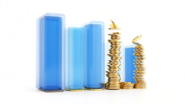 Financial growth is illustrated through vibrant blue bars and golden coins, symbolizing investment and success.
