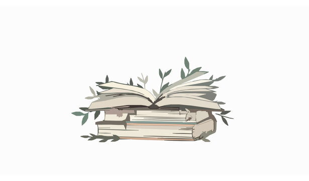 Open book with floral decorated book stack botanical reading concept vector illustration isolated on white background
