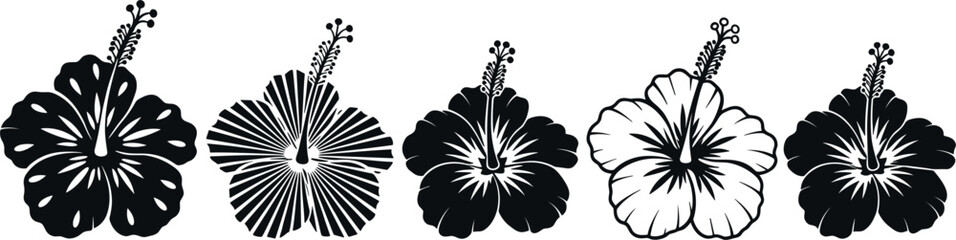 Hibiscus flower silhouette collection with tropical floral icons isolated on white background for decorative design