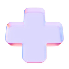 Obraz premium Front view 3D render of a glowing holographic and iridescent pink and purple glass cross symbol. Excellent for futuristic tech interfaces, math addition signs, or glowing health icons