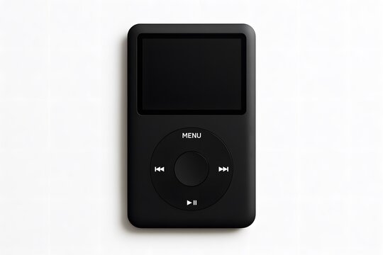 Black retro MP3 player with blank screen and click wheel isolated on white background, template mockup