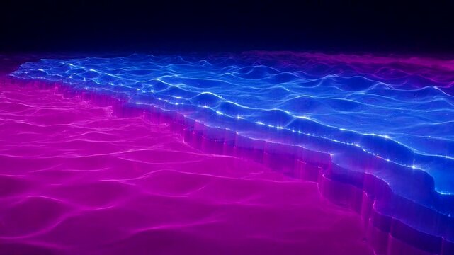 A mesmerizing blend of pink and blue light creating an abstract water wave effect in a dark atmosphere.