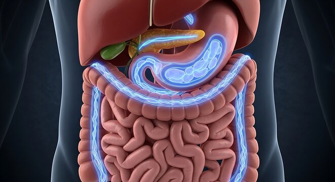 A detailed illustration of the human digestive system with a focus on the stomach.