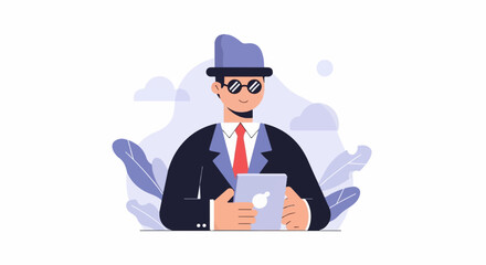 Obraz premium Stylized man in a suit and hat holding a tablet, with abstract shapes